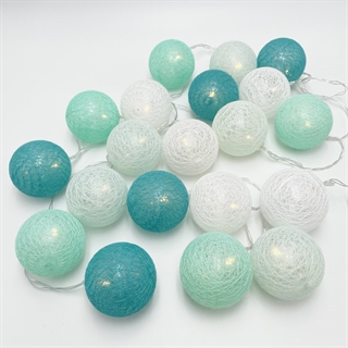 LED lyskæde med bomuldskugler i blågrøn, mint, lysegrøn og hvid - 3 m